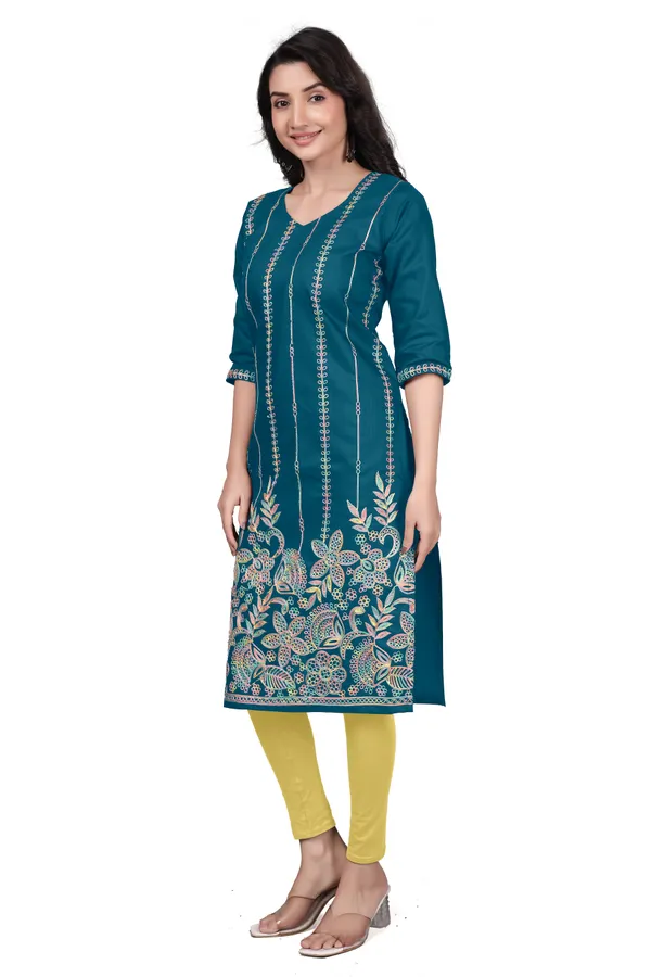 Teal_Blue_Cotton_Straight_Embroidered_Kurta_For_Women