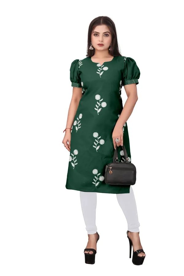 Green_Cotton_Puff_Sleeve_Floral_Embroidered_Kurta_For_Women