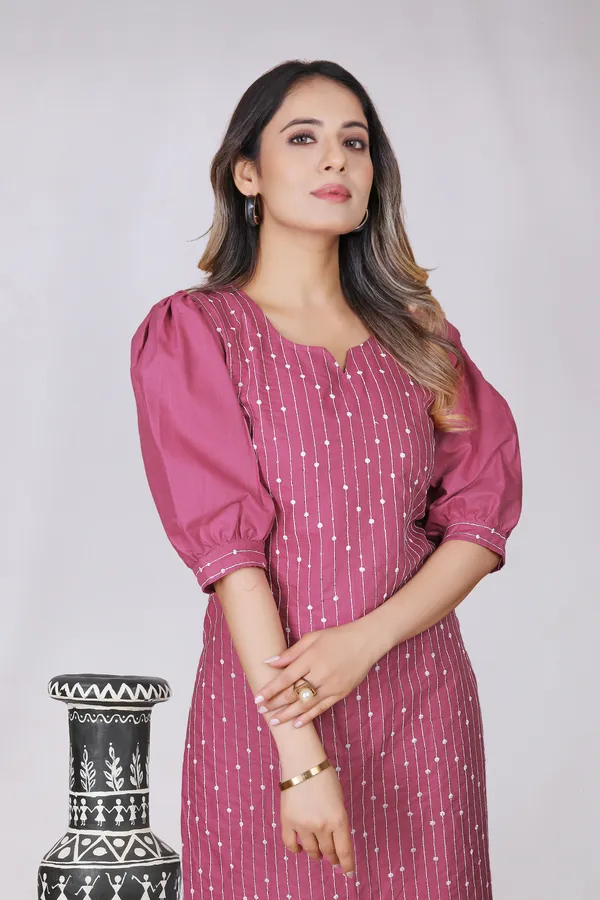 Pink_Cotton_Puff_Sleeve_Embroidered_Straight_Kurti_For_Women