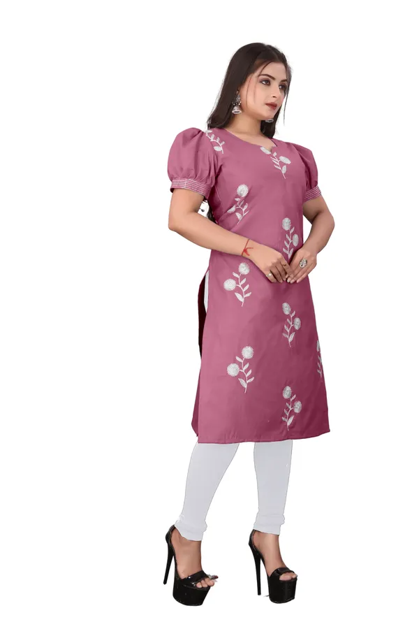 Pink_Cotton_Puff_Sleeve_Floral_Embroidered_Kurti_For_Women