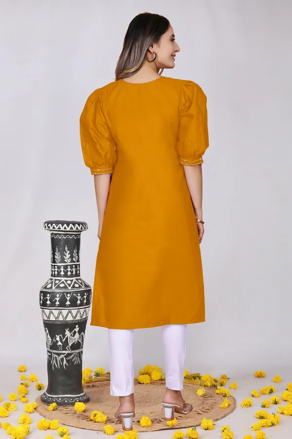 Mustard_Cotton_Puff_Sleeve_Embroidered_Kurta_For_Women