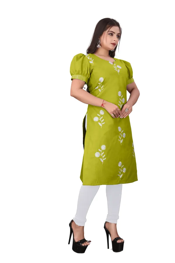 Green_Cotton_Straight_Floral_Embroidered_Puff_Sleeve_Kurti_For_Women