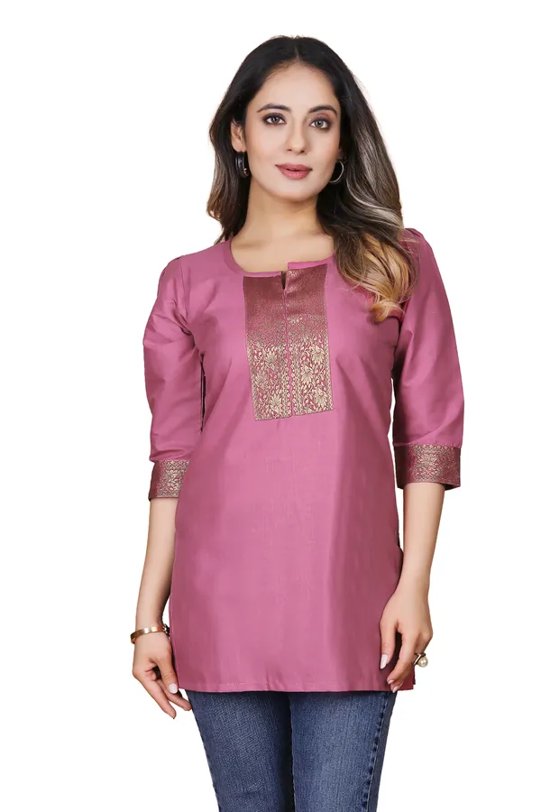 Pink_Cotton_Straight_Brocade_Detail_Short_Kurti_For_Women
