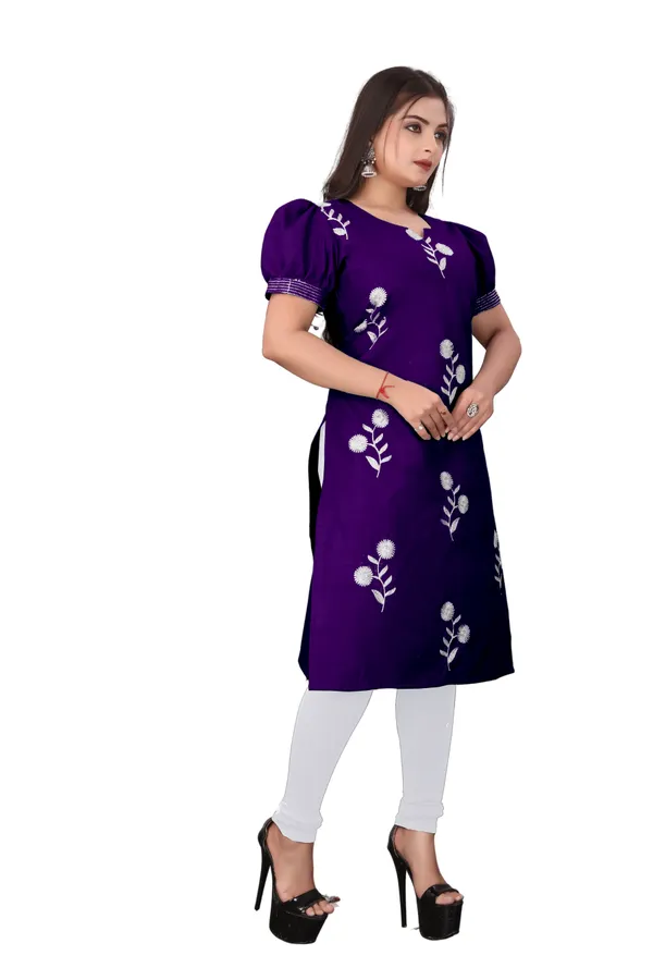 Purple_Cotton_Puff_Sleeve_Floral_Embroidered_Kurti_For_Women