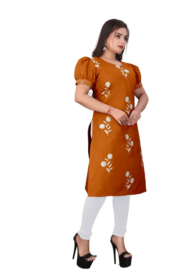 Orange_Cotton_Puff_Sleeve_Floral_Embroidered_Kurti_For_Women