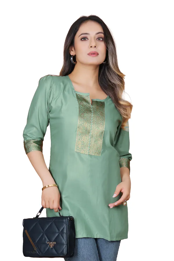Green_Chanderi_Silk_Short_Brocade_Detail_Kurta_For_Women