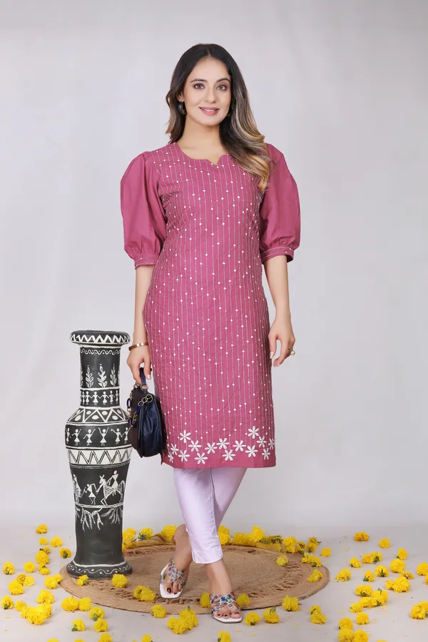 Pink_Cotton_Puff_Sleeve_Embroidered_Straight_Kurti_For_Women