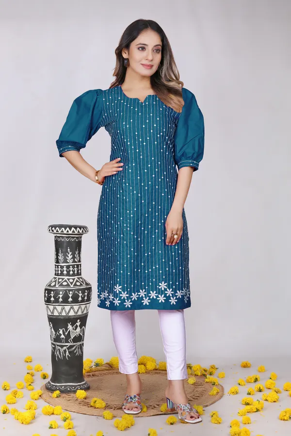 Teal_Blue_Cotton_Striped_Embroidered_Puff_Sleeve_Kurta_For_Women