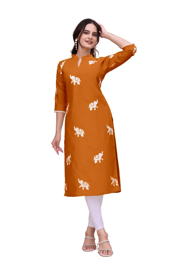 Orange_Cotton_Straight_Elephant_Print_Kurta_For_Women