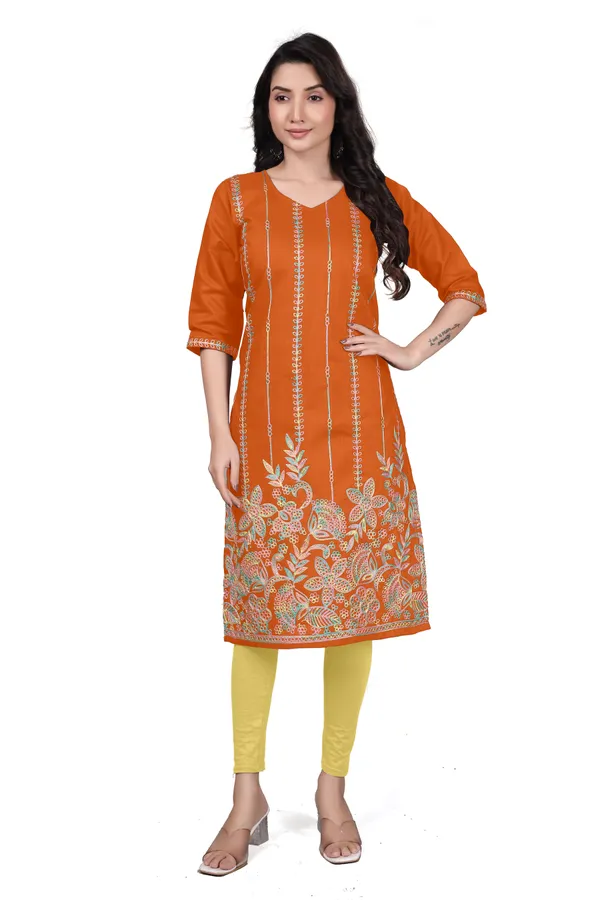 Orange_Cotton_Straight_Embroidered_Kurta_For_Women