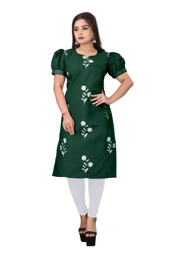 Green_Cotton_Puff_Sleeve_Floral_Embroidered_Kurta_For_Women