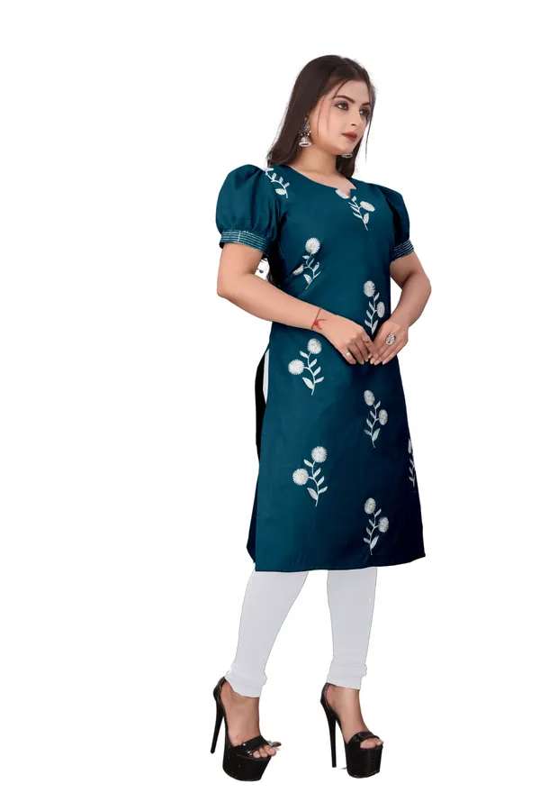 Teal_Cotton_Puff_Sleeve_Floral_Embroidered_Kurti_For_Women