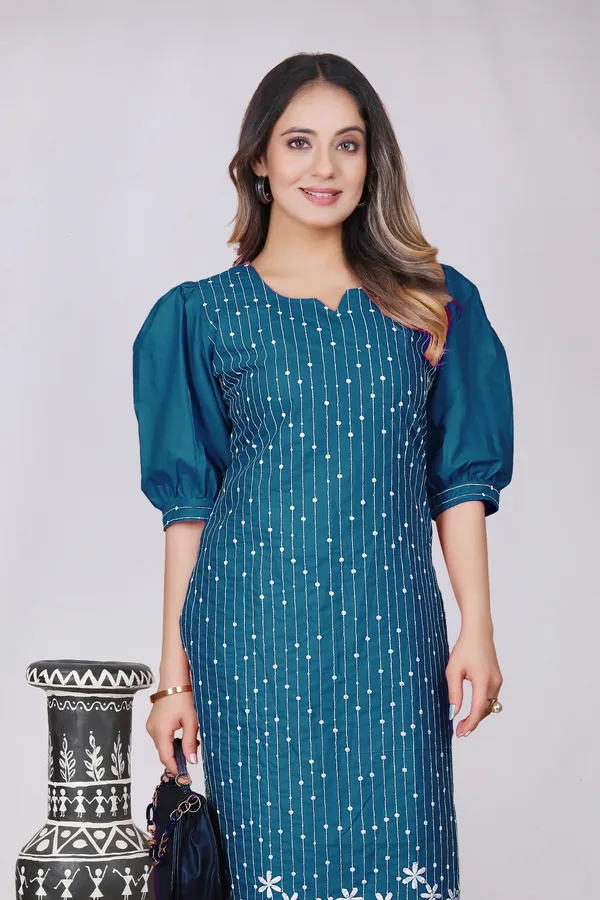 Teal_Blue_Cotton_Striped_Embroidered_Puff_Sleeve_Kurta_For_Women