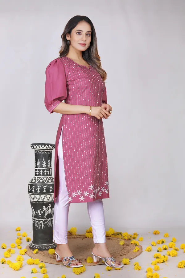 Pink_Cotton_Puff_Sleeve_Embroidered_Straight_Kurti_For_Women
