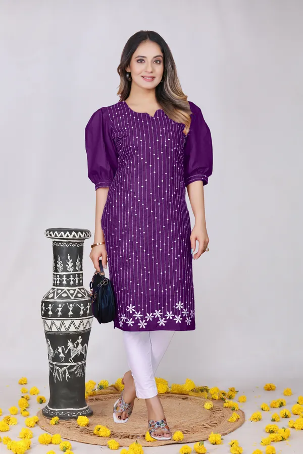 Purple_Georgette_Puff_Sleeve_Floral_Embroidered_Kurta_For_Women