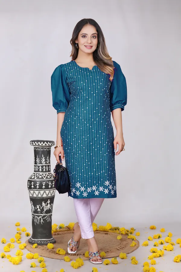 Teal_Blue_Cotton_Striped_Embroidered_Puff_Sleeve_Kurta_For_Women