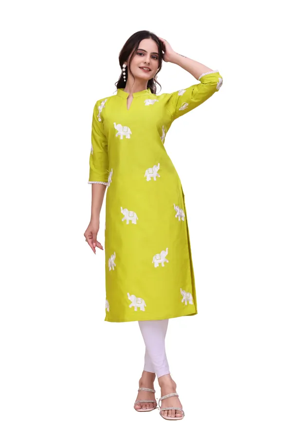 Yellow_Cotton_Straight_Elephant_Print_Kurta_For_Women