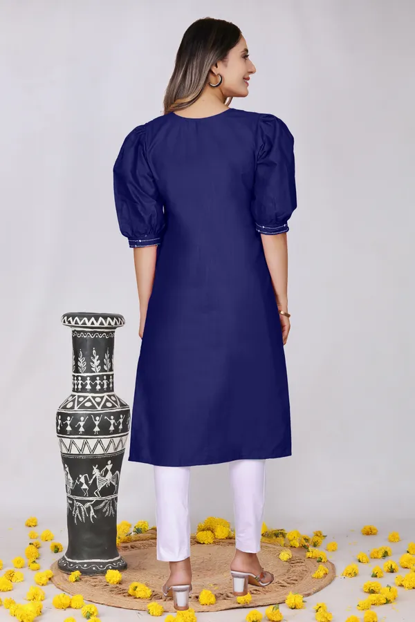 Navy_Blue_Cotton_Balloon_Sleeve_Embroidered_Kurta_For_Women
