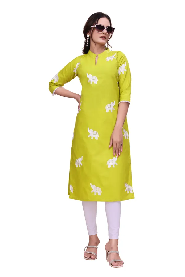 Yellow_Cotton_Straight_Elephant_Print_Kurta_For_Women