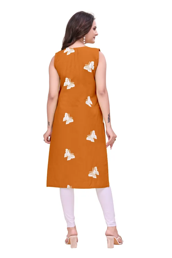 Orange_Cotton_Sleeveless_Butterfly_Embroidered_Kurti_For_Women