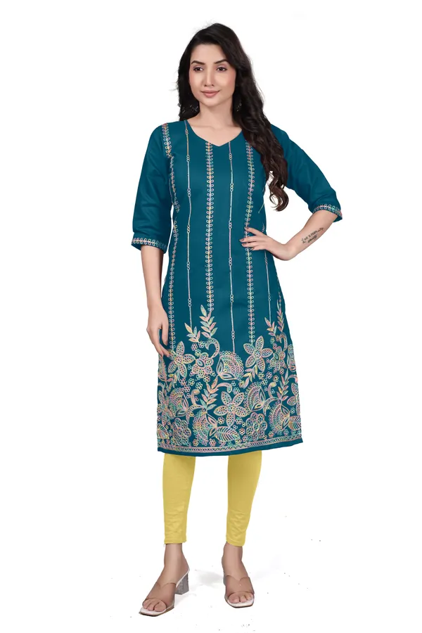 Teal_Blue_Cotton_Straight_Embroidered_Kurta_For_Women