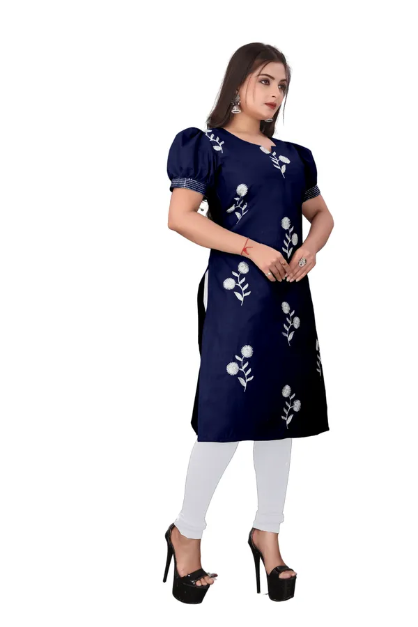 Navy_Blue_Cotton_Puff_Sleeve_Floral_Embroidered_Kurti_For_Women