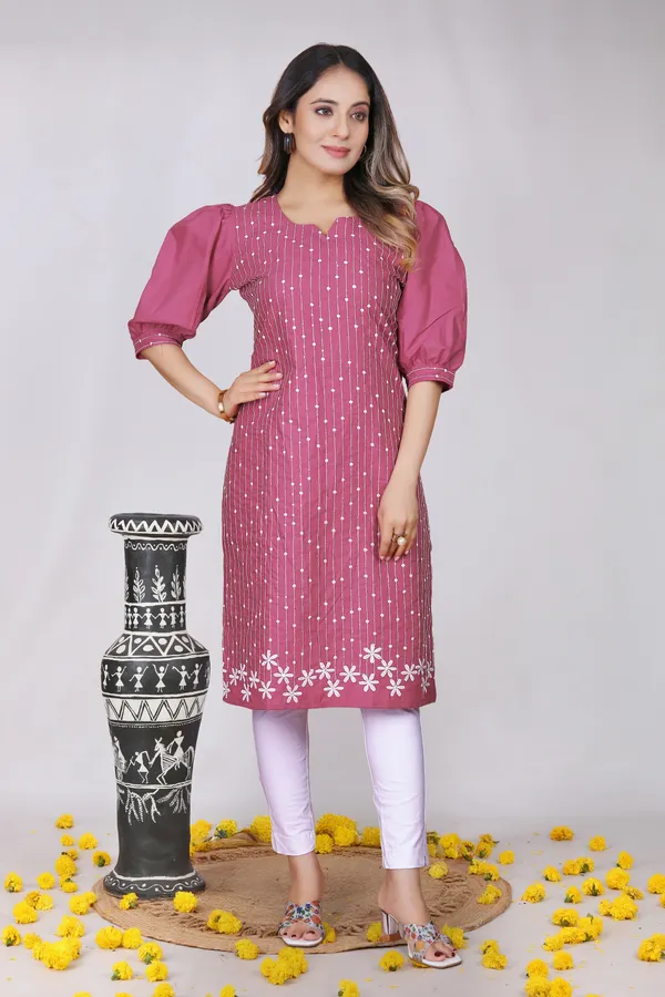 Pink_Cotton_Puff_Sleeve_Embroidered_Straight_Kurti_For_Women