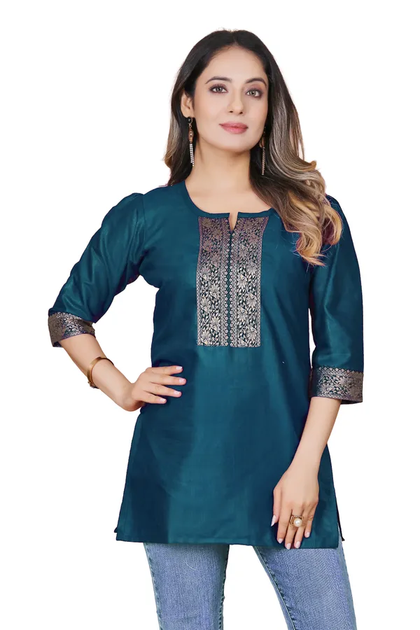 Teal_Silk_Straight_Embroidered_Yoke_Tunic_For_Women