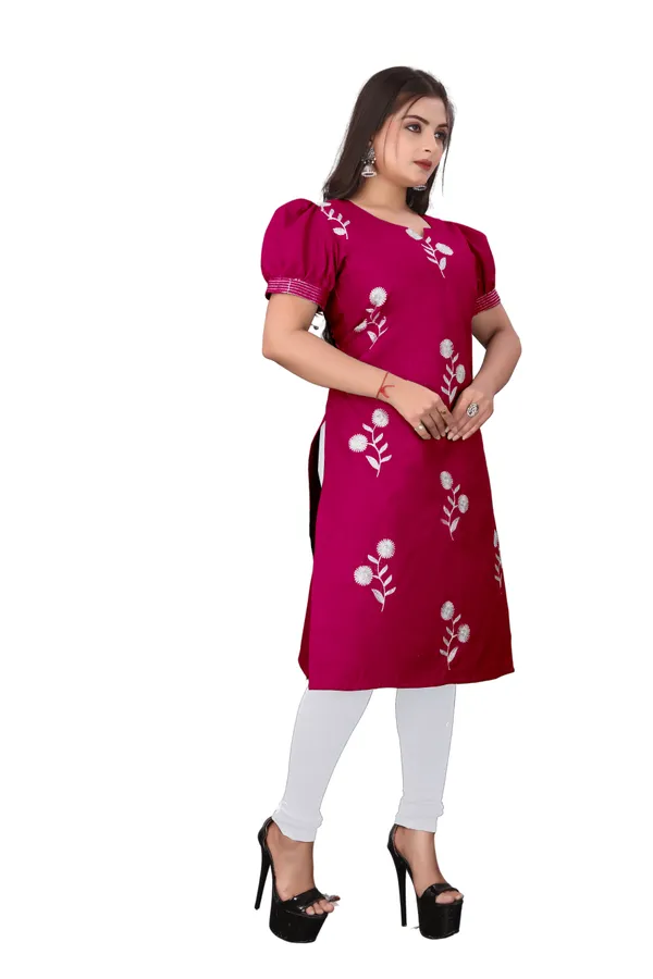 Pink_Cotton_Puff_Sleeve_Floral_Embroidered_Kurta_For_Women