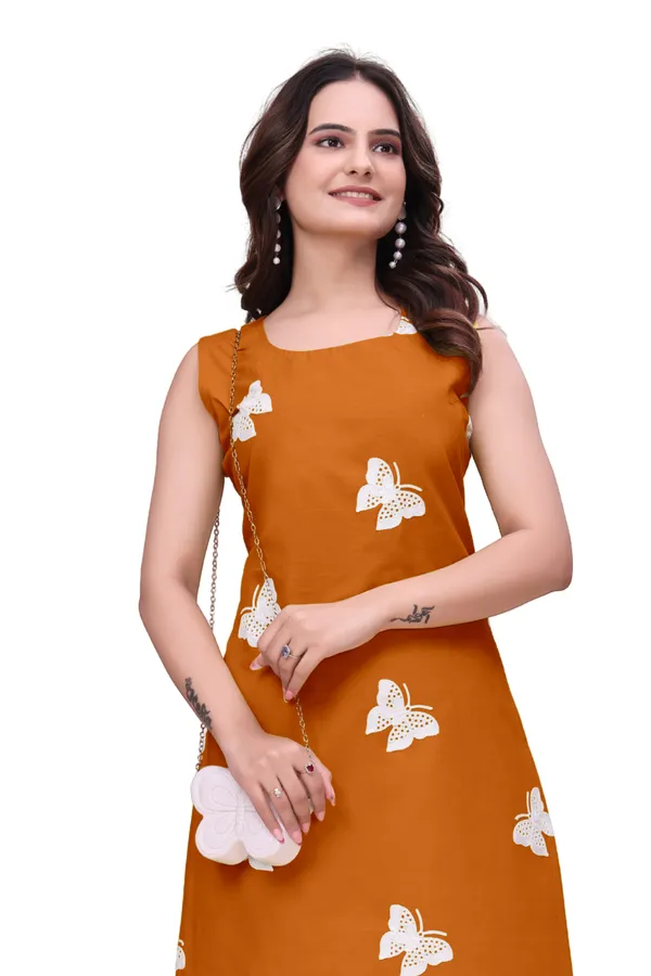 Orange_Cotton_Sleeveless_Butterfly_Embroidered_Kurti_For_Women