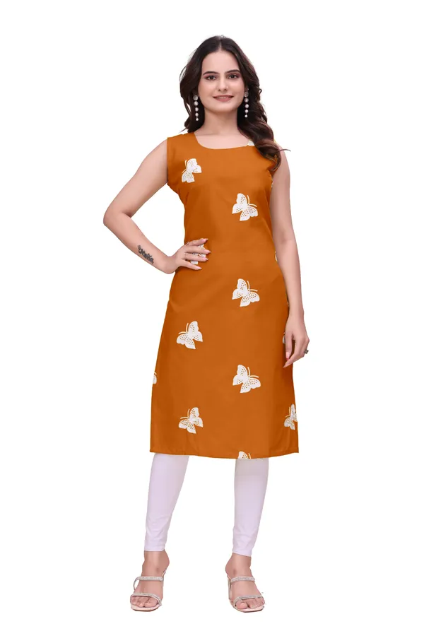 Orange_Cotton_Sleeveless_Butterfly_Embroidered_Kurti_For_Women