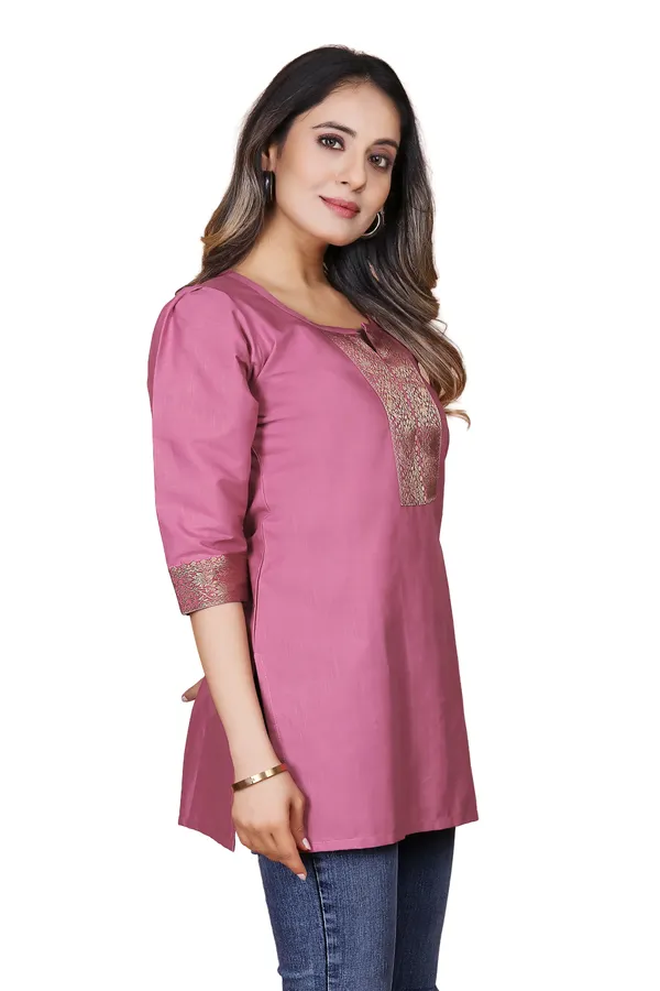 Pink_Cotton_Straight_Brocade_Detail_Short_Kurti_For_Women