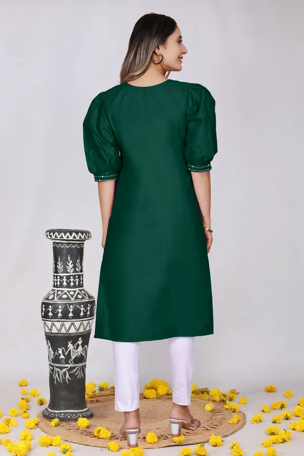 Dark_Green_Cotton_Straight_Striped_Embroidered_Kurti_For_Women