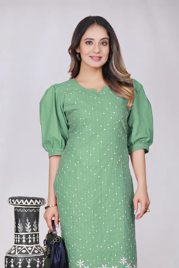 Green_Cotton_Puff_Sleeve_Embroidered_Kurta_For_Women