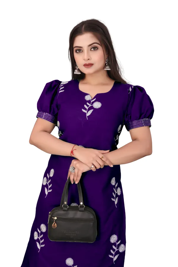 Purple_Cotton_Puff_Sleeve_Floral_Embroidered_Kurti_For_Women