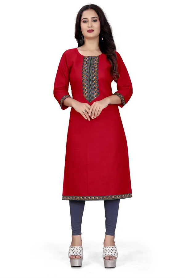 Red_Rayon_Straight_Embroidered_Kurta_For_Women