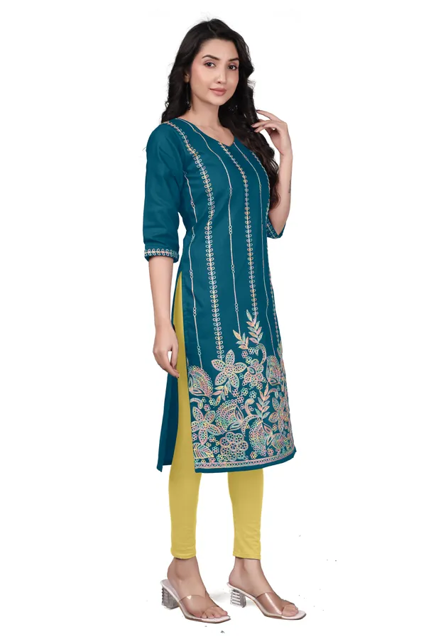 Teal_Blue_Cotton_Straight_Embroidered_Kurta_For_Women