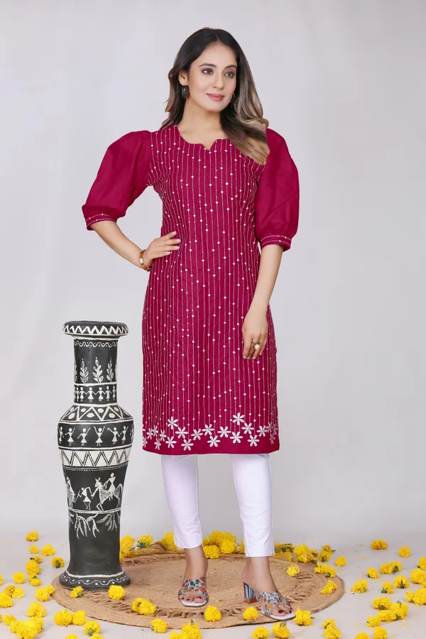 Maroon_Cotton_Straight_Embroidered_Kurta_For_Women