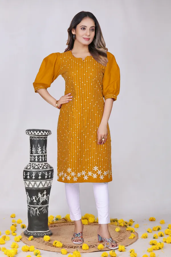Mustard_Cotton_Puff_Sleeve_Embroidered_Kurta_For_Women