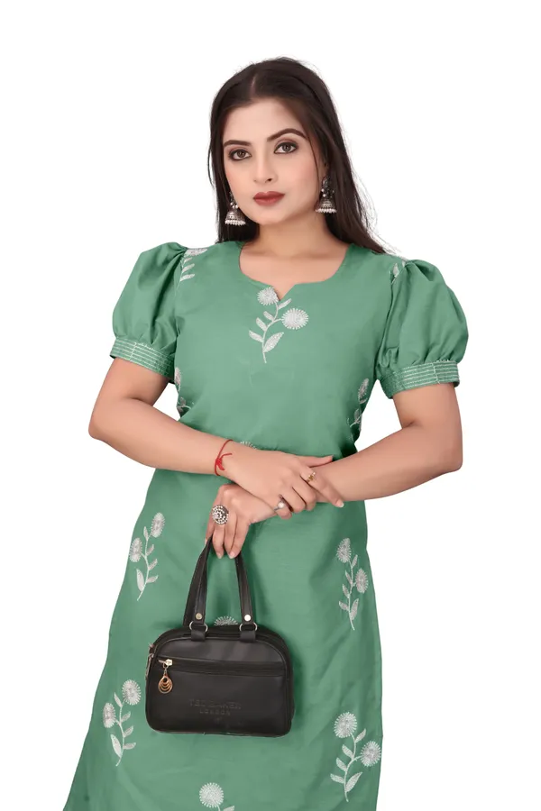 Green_Cotton_Puff_Sleeve_Floral_Embroidered_Kurta_For_Women