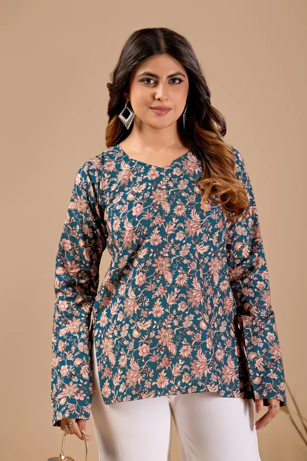 Teal__Cotton__blend_Relaxe_Print_short__Kurti_For_Women