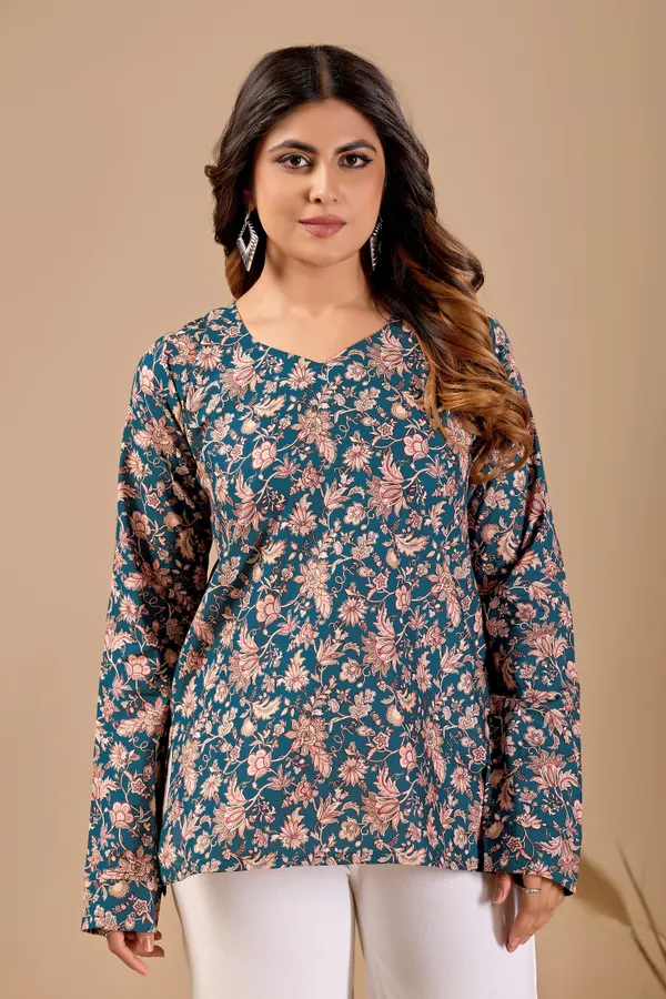 Teal__Cotton__blend_Relaxe_Print_short__Kurti_For_Women