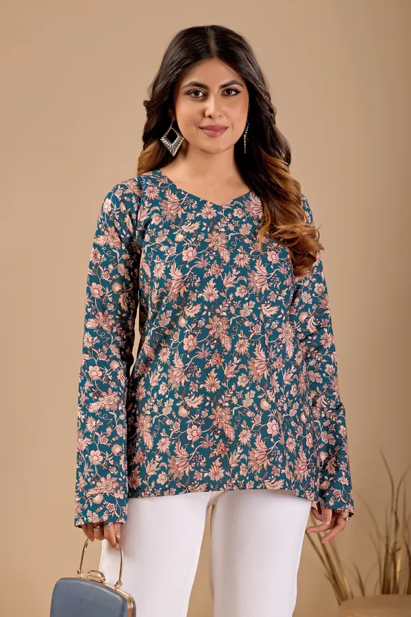 Teal__Cotton__blend_Relaxe_Print_short__Kurti_For_Women