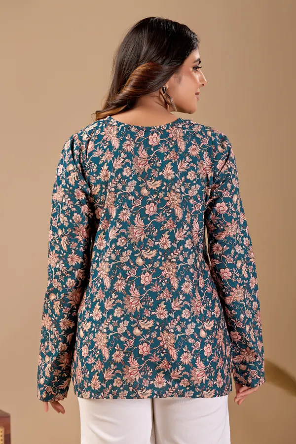 Teal__Cotton__blend_Relaxe_Print_short__Kurti_For_Women