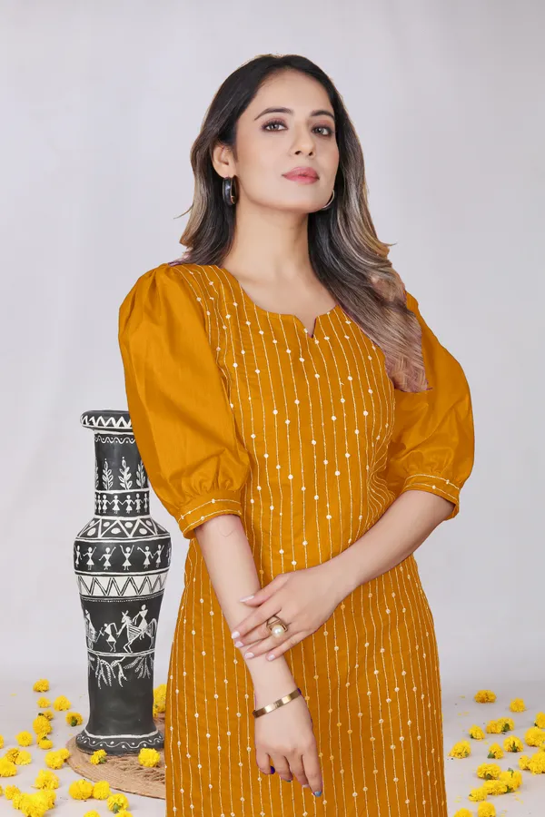 Mustard_Cotton_Puff_Sleeve_Embroidered_Kurta_For_Women