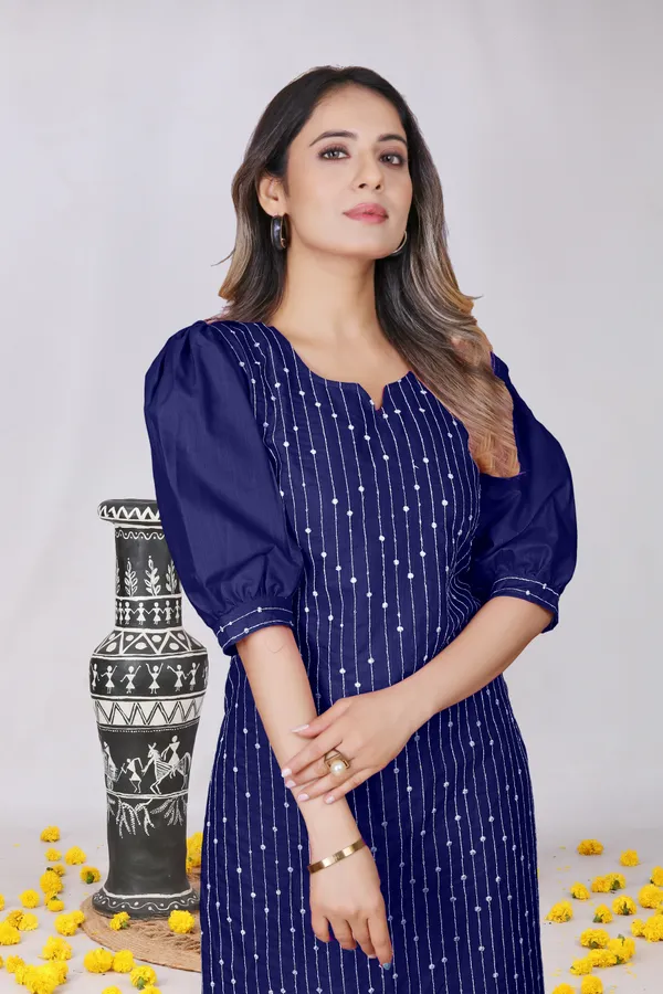 Navy_Blue_Cotton_Balloon_Sleeve_Embroidered_Kurta_For_Women