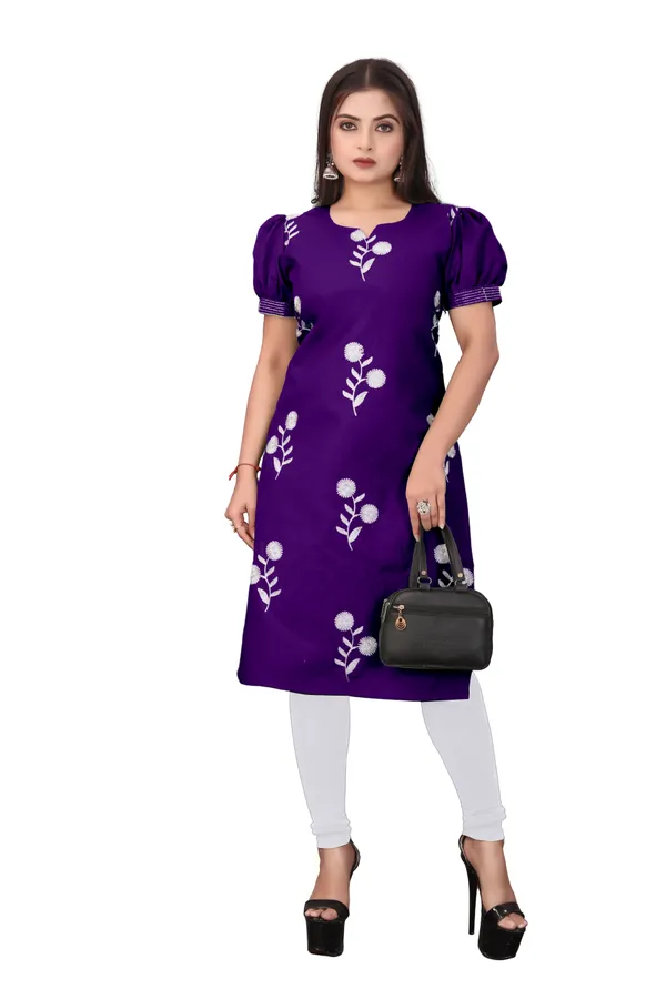 Purple_Cotton_Puff_Sleeve_Floral_Embroidered_Kurti_For_Women
