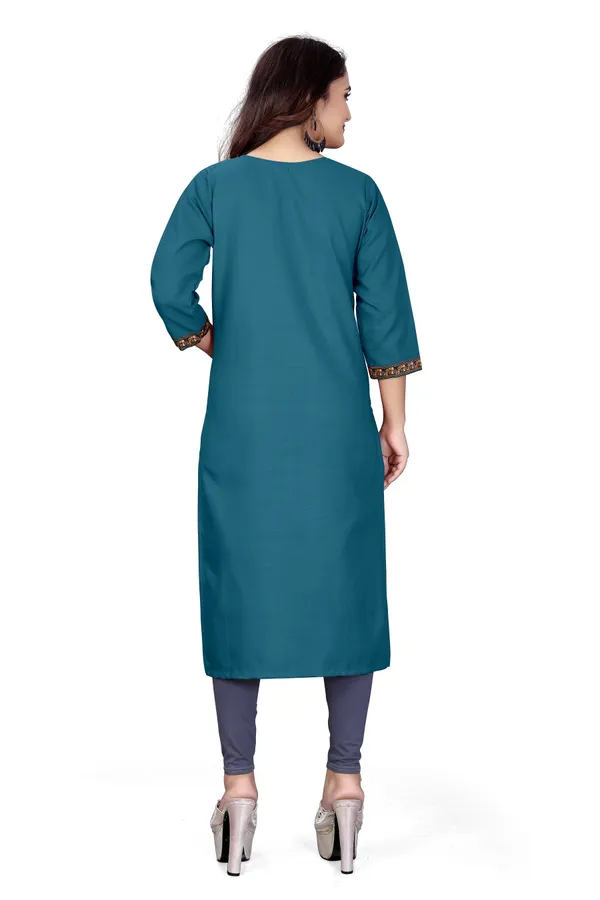Teal_Blue_Cotton_Straight_Fit_Embroidered_Kurti_For_Women
