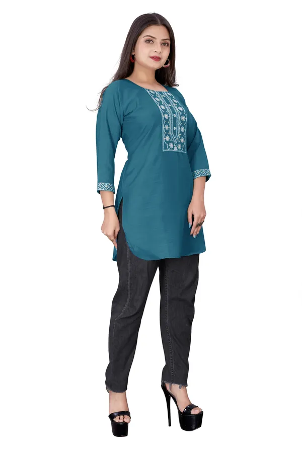Teal_Blue_Cotton_Straight_Embroidered_Kurti_For_Women