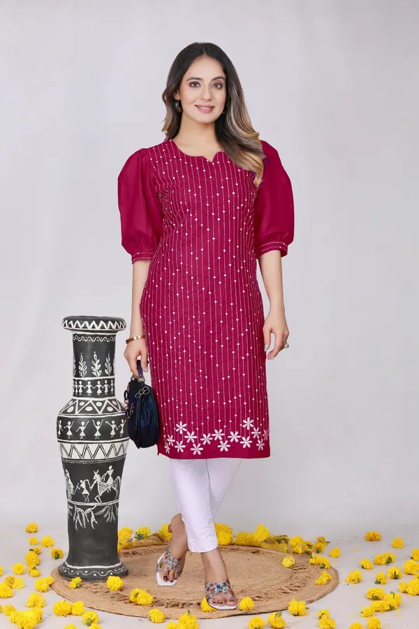 Maroon_Cotton_Straight_Embroidered_Kurta_For_Women